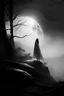 Placeholder: scene, black an white, forest fog, superbig full moon, woman on a rock, tim burton character, woman wiht cape and hood, circle rock