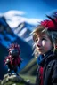 Placeholder: portrait of young Cyndi Lauper in the Alps on mountain top, with rock giant creature in the background,shot on Hasselblad h6d-400c, zeiss prime lens, bokeh like f/0.8, tilt-shift lens 8k, high detail, smooth render, down-light, unreal engine, prize winning