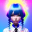 Placeholder: blue hair woman, pigtails, purpurin, school dress, white shirt, tie, gradient color, BLUE, PINK, CYAN, neon, insanely detailed, 16k resolution, perfect eyes, cinematic smooth, intricate detail