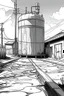 Placeholder: Outline art, no shading, water tank on the road, cartoon style, black and white, low detail, --ar 9:11