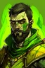 Placeholder: a fantasy zombie soldier. dark short hair, short beard. paladin armour, color green gold and yellow. missing part of cheek from rot. drawing.