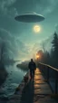 Placeholder: Bosch painting style nightmare , 3D , a man walking his dog on a bridge on a river stream , in far distance in the sky a strange ufoship appears in the background, high Quality picture , 8k