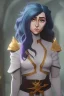 Placeholder: Female elf twilight cleric in a silver robe with blue curly hair and golden eyes