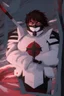 Placeholder: The character, in a striking white armour against a wintry backdrop stands with his arms behind his back inside the scene, he has a red and black circular symbol on his chest like a shield, a black pointed spear with a red handle on his back, His eyes are showing a dynamic expression and he wears a black oni with white sharp teeth on it covering the bottom part of his mouth he has brown shoulder pads and a white belt with a bag attached to it. He has dark brown hair, he does not wear a helmet.