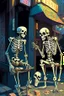 Placeholder: Skeletons hanging out in a street corner, tossing dice and money, illegal gambling, surrealism, modern art, graphic novel art style, sinister, Urban art, death