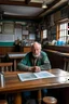 Placeholder: bAn innkeeper in the middle of tables in a surfers' pub