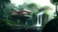 Placeholder: modern house by a big water falls in a karstic montain rain forest