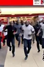 Placeholder: 200 black men running into a KFC chicken restaurant doing everything to get chicken pure chaos. birdseye vieew. make it more black men. WAy more they are raiding it. and make them look dangerous. and they are running inside not outside