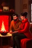 Placeholder: Fire place Christmas scene, dark haired couple, man with short black beard, blue eyes, sketch
