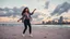 Placeholder: beautiful lady with makeup in pants and pretty shirt curvy long hair sport shoes dancing in sea side over soft sands ,modern city escape at dintant ,pretty clouds, golden hour