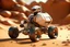 Placeholder: lowpoly storm trooper driving highly symmetric metallic rocket propelled mad max ATV with rounded glass bubble roof in red desert, bokeh like f/0.8, tilt-shift lens 8k, high detail, smooth render, down-light, unreal engine, prize winning