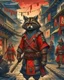 Placeholder: highly detailed concept illustration of an alternate reality ancient China samurai racoon wanderer in a street, maximalist, highest resolution, Masahiro Ito, boldly inked, 8k, coarse, red