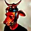 Placeholder: man, red rhino head, one man band, steampunk, midjourney style, neon