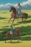 Placeholder: detailed oil painting, renaissance style, of mounted knights galloping across an open field, swords in hand, mountains in distance