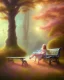 Placeholder: park mystical dream, park bench, man, woman, child, dog, trees, path, bird, sunshine, mystical, fantasy, romanticism, pastel colors, daylight, daytime, acrylic painting, detailed, soft focus,