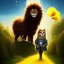 Placeholder: cute fluffy lion and scarecrow and tin-man and kitten on a journey into the woods walking on a yellow brick road, cute adorable pop surrealism, lowbrow art, realistic, street fashion, fluffy , pixar style, hyperrealism, christmas colors, rococo, by "NewAgerJul", Pixar, Disney, concept art, 3d digital art, Maya 3D, ZBrush Central 3D shading, bright colored background, radial gradient background, cinematic, Reimagined by industrial light and magic, 4k resolution post processing 8k resolution holog