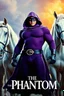Placeholder: Movie Poster - ((("THE PHANTOM"))), extremely thick, muscular, 6'6'' 18-year-old Billy Zane with extremely exaggerated muscles as the Phantom, long-sleeved, textured, padded purple cotton bodysuit with skintight, formfitting textured purple cotton cowl with ((black eye mask)) and widow peak, black gloves and wrist gauntlets, black boots, double holstered utility belt, skull-shaped belt buckle, glowing, white eyes, standing next to his white horses, captured in a breath-taking explosion of color,