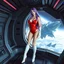 Placeholder: White woman with long purple hair, a good, athletic body, nice legs, and a large bust, dressed in a red latex mini suit and white boots, stay in an alien-like technological ship, with a destroyed spaceship in the background.