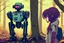 Placeholder: sympathetic robot surviving to the apocalypse in a forest meeting a little anime girl