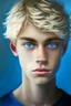 Placeholder: a portrait of teenage boy in blue tee-shirt blue eyes blonde black hair