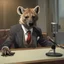 Placeholder: Hyena in a suit and tie, as an announcer sitting at the transmission table with a microphone presenting a newscast. Sandro Botticelli style. Ultra quality