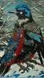 Placeholder: A contemporary serigraphy portrait by Kuniyoshi and Kunisada of a crow adorned in a punk leather jacket within a snowy Christmas atmosphere.