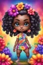 Placeholder: Create an airbrush image of a chibi black curvy female wearing a tie dye yoga outfit. Prominent make up with hazel eyes. Highly detail ombre Bantu knots. background of colorful large flowers 2k