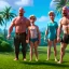 Placeholder: shirtless Walter White family , 8k, tropical background, unicorn tattoo,