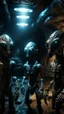 Placeholder: Si-Fi, a group of strange aliens warier inside The cave of Batman atmospheric lighting effects, intricate industrial details, moody atmosphere, eerie grimdark ambiance, complex motherboard accents, speculative fiction art. Bokeh, realistic image