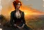 Placeholder: Saffron from firefly played by Christina Hendricks in Victorian western clothes watching the sunset from a hill top :: digital matt painting with rough paint strokes by Jeremy Mann + Carne Griffiths + Leonid Afremov, black canvas