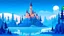 Placeholder: cartoon illustration, disney style: a large beautiful frozen lake and next to the lake is a magical castle. The castle is on a hill, surrounded by pine trees.