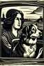 Placeholder: Block print stressed woman driving car with collie in front seat