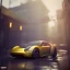 Placeholder: 3d rendering. futuristic steampunk yellow car. Tokio background. Lost in Time