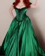 Placeholder: Busty princess with long auburn hair green eyes wearing a big dark teal green and gold satin ballgown corset off shoulder top casting magic full body, head and face