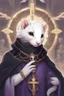 Placeholder: (anthropomorphic white ferret),dressed in ((cleric fantasy)) black clothes with silver holy ornaments, realistic anatomy, posing, cute face, fantasy inspire, fantasy church on background with warm sunshine lighty from behind, gloomy atmosphere, (((high angle shot))), purple armband, The holy icon style, RTX, praying, close eyes