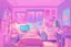 Placeholder: a drawing of the girl's room is adorned with neon and light up posters, in the style of pastel, anime aesthetic