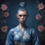 Placeholder: mugshot, Planet of the Apes, blue, large, floral designs, atmospheric, beautiful, China Doll, , dark background, mid shot, full body, neutral expression, buzzcut hair, ultra realistic, highres, superb, 8k wallpaper, extremely detailed, intricate, limited palette,