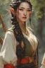 Placeholder: beautiful oriental female elf with pointed ears and long black braids, dressed in a diplomatic tunic