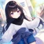 Placeholder: Clear focus,High resolution, Black long fluffy hair, and purple eyes, wearing a blue shorts,white shirt,black sweater wrapped around waist, Loli