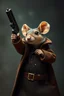 Placeholder: A mouse warring a black coat dressed brown coat, holding a gun hands up