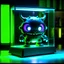 Placeholder: cute chibi robot monster in a glass display case with an green aura glow and staring eyes