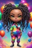 Placeholder: Create an airbrush image of a chibi black curvy female wearing a tie dye yoga outfit. Prominent make up with hazel eyes. Highly detail asymmetrical dread locs. background of colorful large ballons 2k