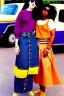 Placeholder: year 1996 denim fashion. Loose skirt, low waist. Colors: denim blue, blue, purple, cream, khaki, light green, lilac, plum, orange, terracotta, red, light yellow, lion yellow, pink, dark blue, beige. Gwen Stephani, Missy Elliot, Shirley Manson.