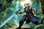 Placeholder: (in the style of Orion, by Masamune Shirow) a tattooed gangsta monk with his staff fights against a paladin knight with his two handed sword zweihander in the jungle