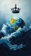 Placeholder: planet Earth floating in the high waves of storm in the ocean above it a black crown hovering in an oil rough painting style