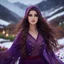 Placeholder: Hyper Realistic close-up-view of a Gorgeous-Happy-Young-Pashto-Women-with-beautiful-eyes & her-long-hair-whirling wearing purple-dress & black-shawl-with-maroon-embroidery on mountains-with-flower-garden at heavy-snowfall night withy dramatic & cinematic ambiance