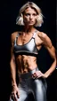 Placeholder: photography of a beautiful anorexic woman, silver satin sports bra, sports illustrated, blond short wavy bob haircut, pronounced sternum, black running leggins