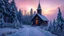 Placeholder: snow-covered wooden church in a snowscape with trees, path leading to church, conical spire, rounded door, windows, glowing light, winter sky, sunset in mist, beautiful composition, 8K, intricate detail, atmospheric, winter festival