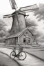 Placeholder: A realistic drawing black and gray with very defined details of a dutch windmill and a bike