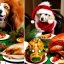 Placeholder: Dogs eating Christmas dinner with alien lion and floating ball, and exquisitely decorated turkey and HR giger alien